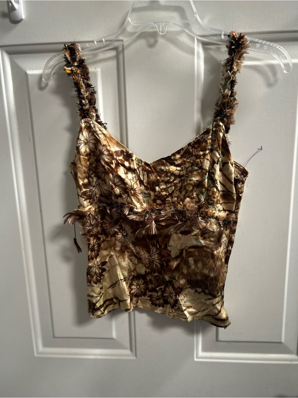 Y2K Alberto Makali Brown and Cream floral w/ feathers & Sequins tank Sz S - Picture 2 of 15